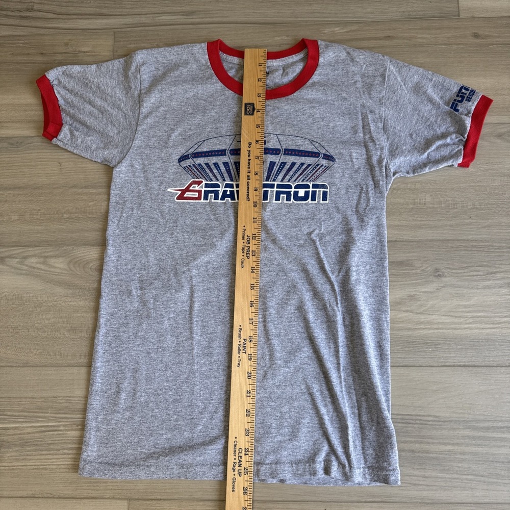 Gildan DryBlend Gravitron UFO ride Funland Ringer Shirt Gray And Red Small - Picture 6 of 7